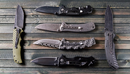 A set of knives on a dark wooden background