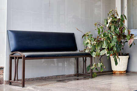 A bench on the porch of a building and a potted plant. Security guard workplace design.の写真素材
