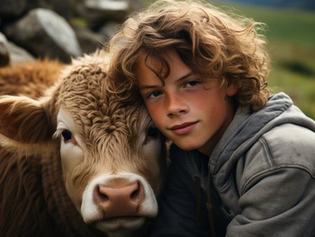 Boy and cow in the meadow, close-up portrait.の素材
