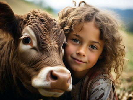Cute little kid with long curly hair cuddling a cute calf, on a farm on the fieldの素材