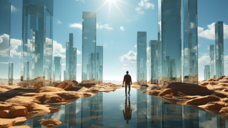 Conceptual image of a man standing in front of a futuristic cityの素材