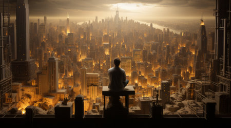 Businessman sitting on the top of a building and looking at the cityの素材