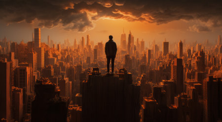 Man standing on top of a skyscraper and looking at the sunsetの素材