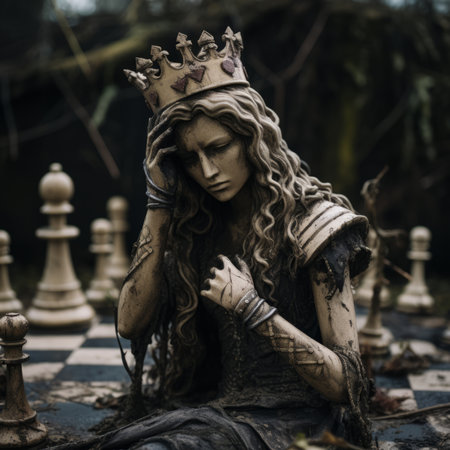 Closeup shot of a mourning Chess Queen  sitting on a chessboardの素材