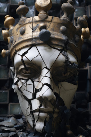 Close-up view of the shattered head of a medieval warrior with a crownの素材