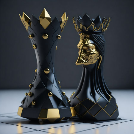 Two Abstract Designer Chess Pieces with Intricate Gold Decorationの素材