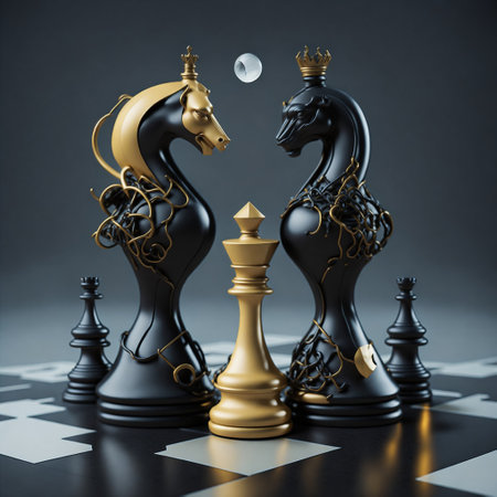 Black and gold chess pieces on a chessboard. Intricate Designの素材