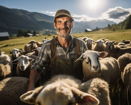 Laughing Farmer with sheep on the field on a sunny day. Candid Shot.の素材