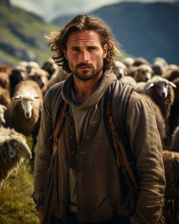 Bavarian Shepherd's Watch: A Farmer Tending to His Flock of Sheep in the Pastureの素材
