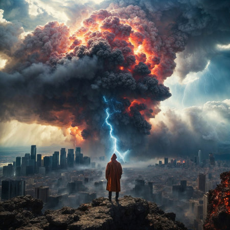 Man looking at a natural disaster over a big city. Thunderstorm with massive lightning strike devastating modern metropolis.の素材