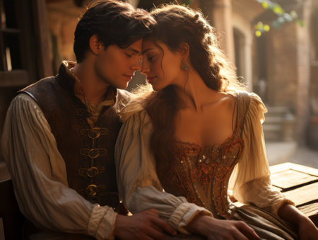 Young couple in medieval clothes in ancient city. 3d rendering love conceptの素材