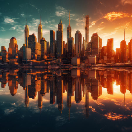Shanghai skyline at sunset with reflection in Huangpu river.の素材