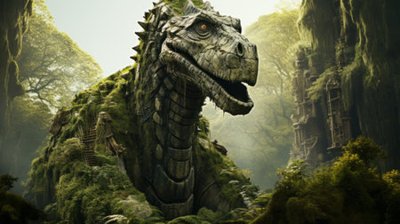 Ancient weathered stone Statue of a giant Dinosaur in a green forest.の素材