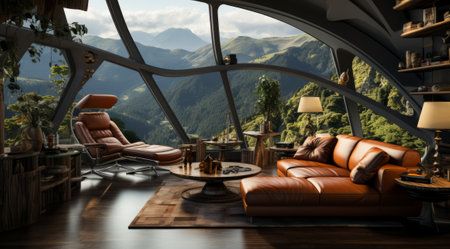 Interior of a modern living room with a view of the mountains. 3d renderingの素材