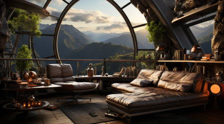 Luxury living room with a view of the mountains. 3d renderingの素材
