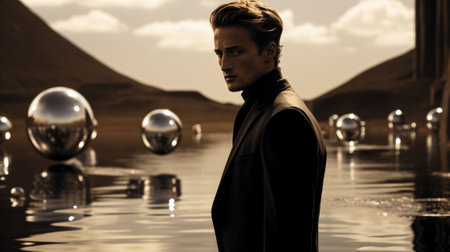 Portrait of a handsome young man in a black coat on the background of a beautiful landscape. Men's beauty, fashion.の素材