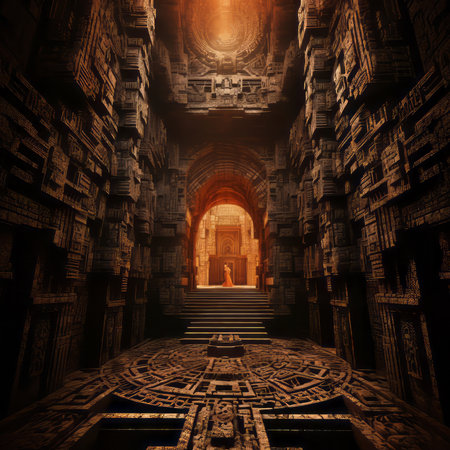 Interior of an old sacred Temple with a Mystical Portal. 3D rendering image.の素材