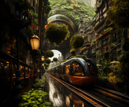 futuristic train moving through the streets of a beautiful old city with lush vegetation. 3D renderingの素材