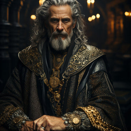Portrait of a medieval King with gray hair and a beard.の素材