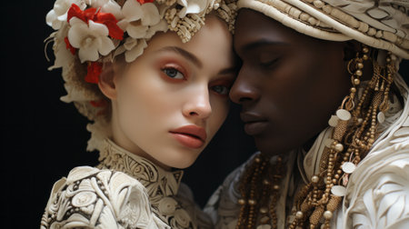Portrait of a young mixed-ethnicity couple of black african man and caucasian woman in the style of the Renaissance.の素材