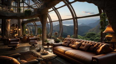 Interior of a cafe with a view of the mountains and the skyの素材