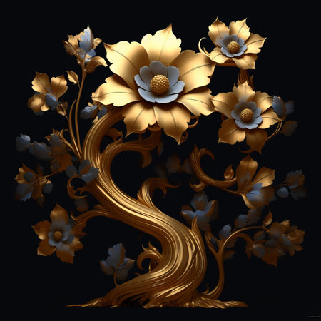 golden 3d floral design on black background.の素材