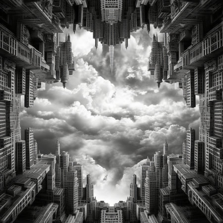 Surreal Cityscape arrayed around the Clouds in the Sky. 3D illustration.の素材
