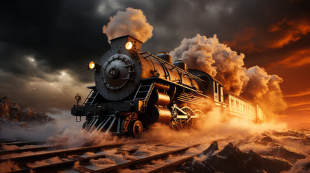 Steam locomotive in the mountains at sunset. Dynamic 3D illustration.の素材
