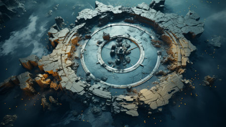 Top-Down Aerial Shot of Abstract Crumbling Clock, Science Fiction Fantasy Art.の素材