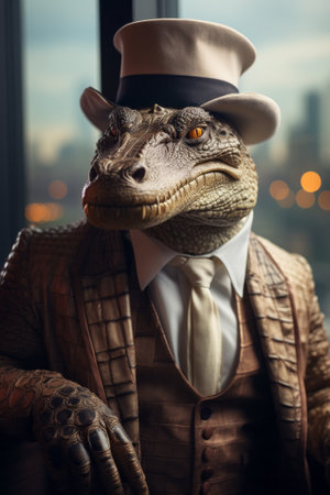 Fashion shot of a crocodile in a hat and suit.の素材