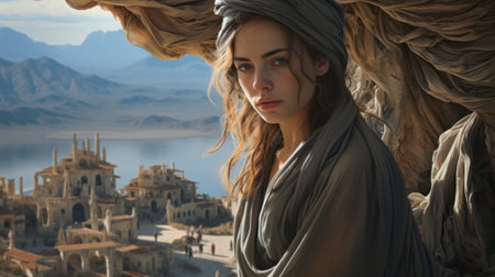 Beautiful young woman on the background of an ancient city in the mountainsの素材
