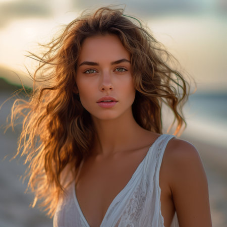 Portrait of beautiful young woman in white dress on the beach.の素材