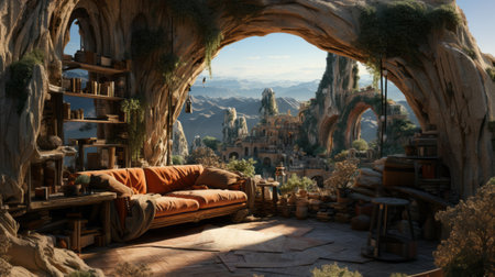 surreal living room in a City with organic Architecture, high in the mountains.の素材