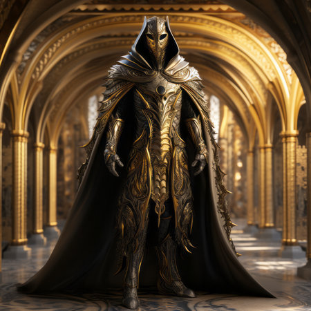 Medieval Dark Knight in a Golden Robe in the palace. Fantasy world.の素材