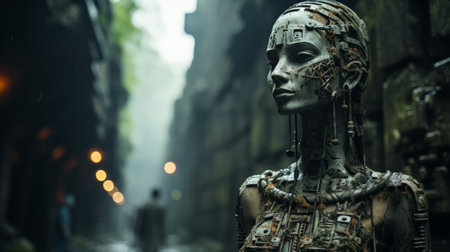 Futuristic Female Cyborg Statue in an exotic rainforest. Close-Up of Otherworldly Living Sculpture from Stone.の素材
