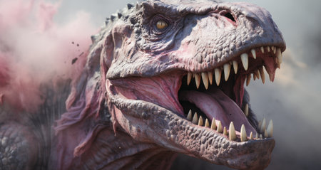 Dinosaur head with sharp teeth in the dust, detailed close-up.の素材