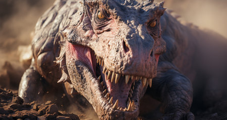 aggressive prehistoric Crocodile with open mouth in a Surreal Landscape.の素材
