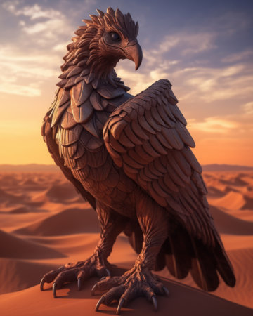 Egypt Statue of a golden eagle in the desert at sunset.の素材
