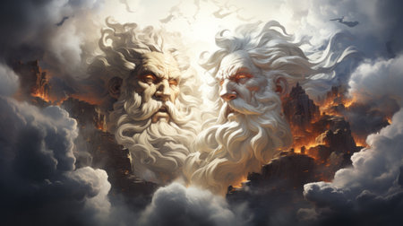 Clash of Gigantic Gods in Clouds Above Earthの素材