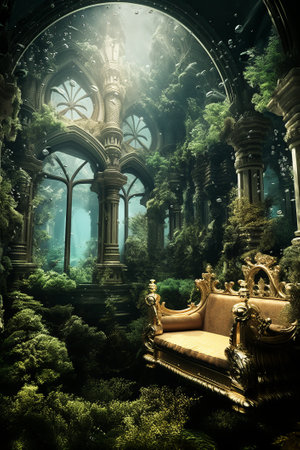 Beautiful underwater fantasy interior with golden armchair and window. Underwater greenery.の素材
