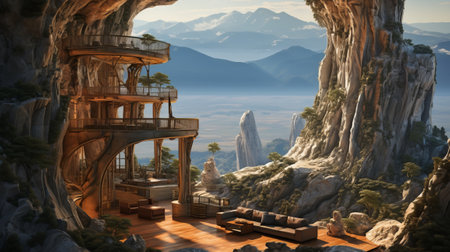dream mansion built high up in the mountains with wooden terrace with furniture, open living roomの素材