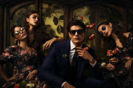 Group of three beautiful young people in elegant clothes posing in vintage interiorの素材