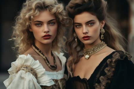 Portrait of two beautiful young women in medieval clothes. Retro style.の素材
