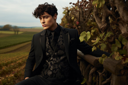 Portrait of a handsome young man with curly hair, wearing a black jacket, sitting on a bench in a vineyard.の素材