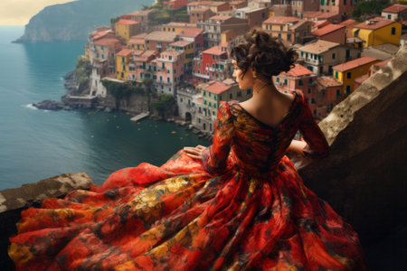 Beautiful woman in a long red dress on the background of the sea.の素材