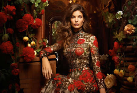 Beautiful young woman with long curly hair in a luxurious dress posing in her home with elegant interior design and flowersの素材
