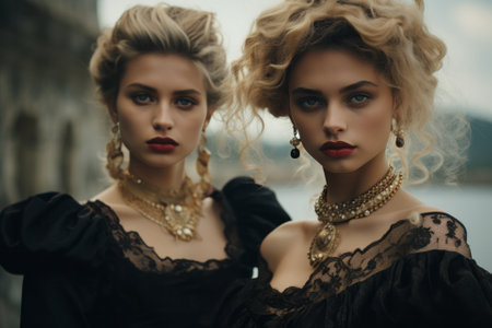 High Fashion Portrait of two beautiful women in baroque dresses. Commercial Fashion shot.の素材