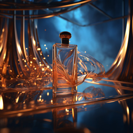 Bottle of Perfume from Glass on a Dark Background. Intricate Product Design with Creative Fluid Aesthetics. Fragrance Commercial Ad Image.の素材