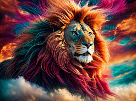 Lion with Colorful majestic Mane in the Cloud of the sky. 3D Rendering.の素材