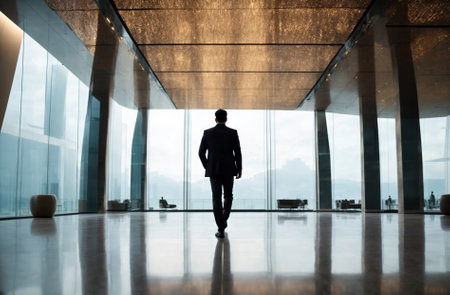 Businessman walking in the lobby of a modern office building, rear viewの素材